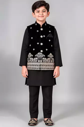 Boys black cotton blend kurta trouser set with velvet floral elephant embroidered waistcoat
