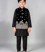 Boys black cotton blend kurta trouser set with velvet floral elephant embroidered waistcoat