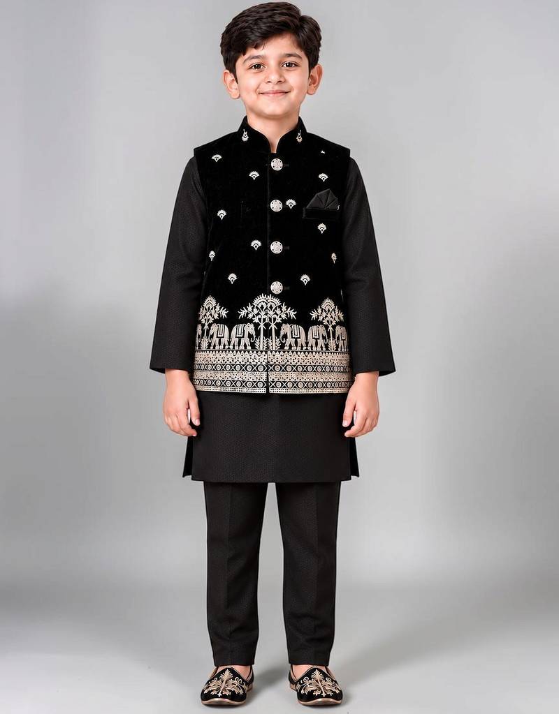 Boys black cotton blend kurta trouser set with velvet floral elephant embroidered waistcoat