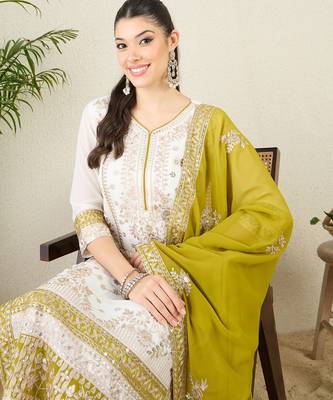 Women's faux georgette fabric zari embroidery kurtaset with dupatta 5