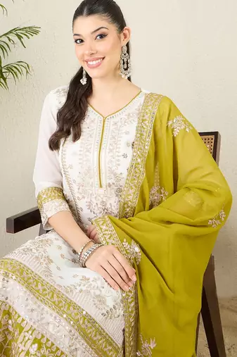 Women's faux georgette fabric zari embroidery kurtaset with dupatta