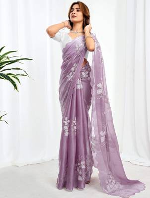 Purple floral sequinned  chiffon saree 2
