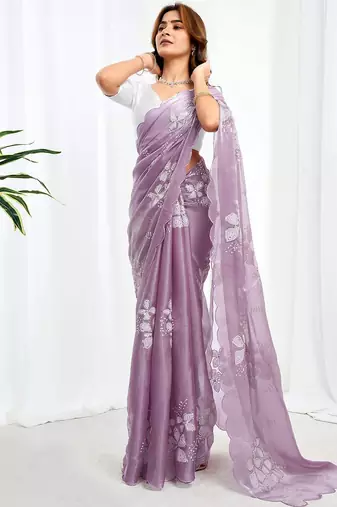 Purple floral sequinned  chiffon saree