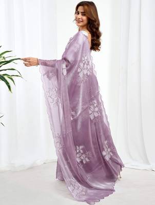 Purple floral sequinned  chiffon saree 3