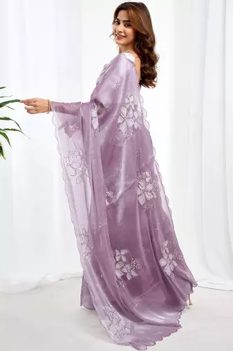 Purple floral sequinned  chiffon saree