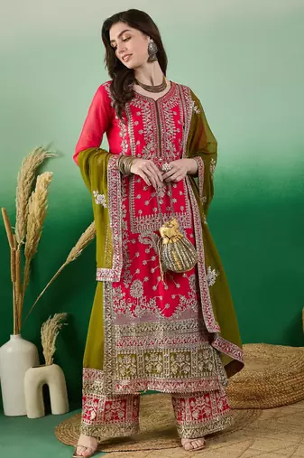 Women's faux georgette fabric zari embroidery kurtaset with dupatta
