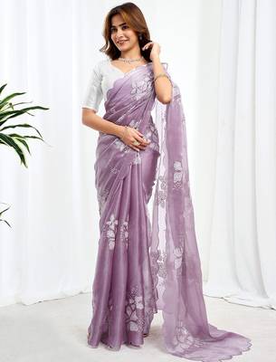 Purple floral sequinned  chiffon saree 5