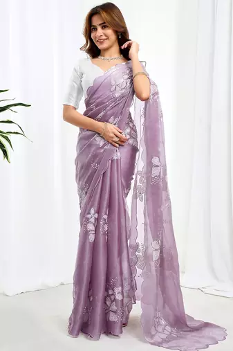 Purple floral sequinned  chiffon saree