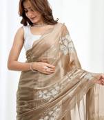 Beige floral embroidered  chiffon designer saree