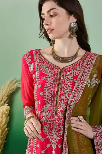 Women's faux georgette fabric zari embroidery kurtaset with dupatta