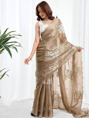 Beige floral embroidered  chiffon designer saree 2