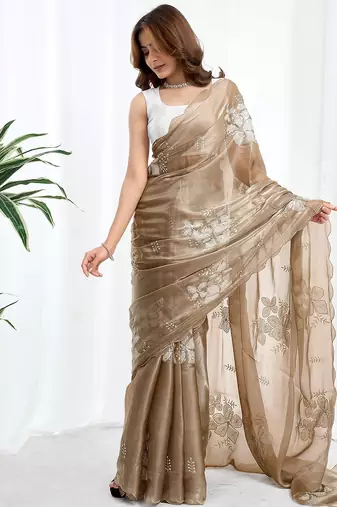 Beige floral embroidered  chiffon designer saree