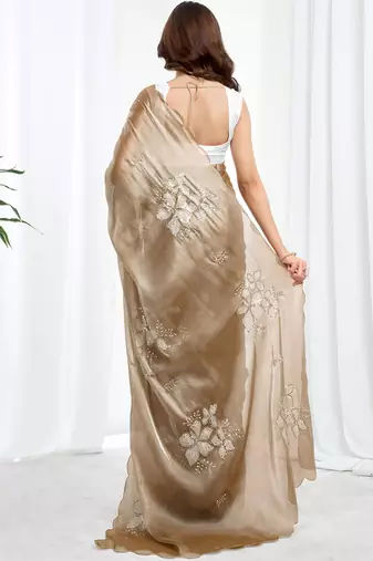 Beige floral embroidered  chiffon designer saree