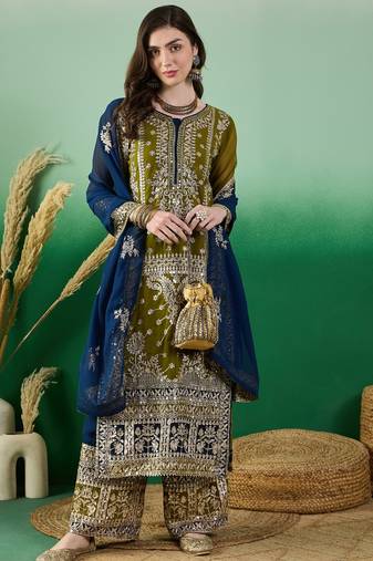 Women's faux georgette fabric zari embroidery kurtaset with dupatta