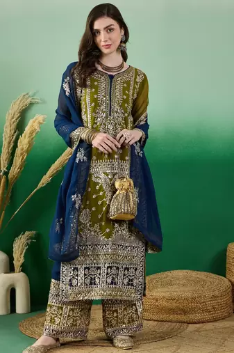 Women's faux georgette fabric zari embroidery kurtaset with dupatta
