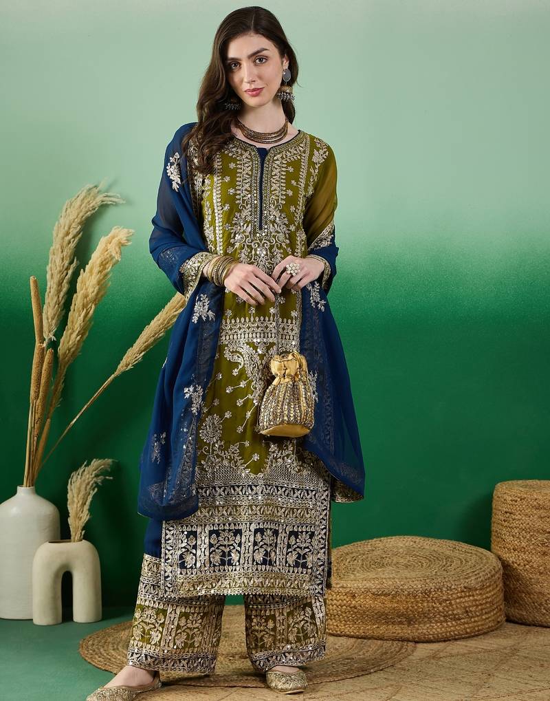 Women's faux georgette fabric zari embroidery kurtaset with dupatta
