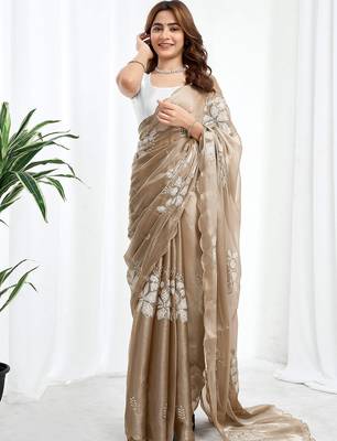 Beige floral embroidered  chiffon designer saree 4