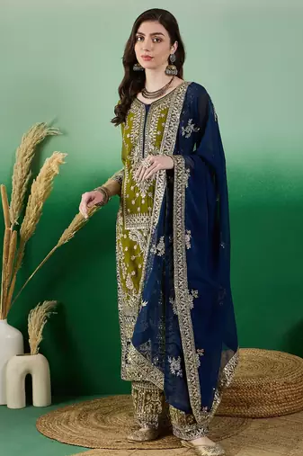 Women's faux georgette fabric zari embroidery kurtaset with dupatta