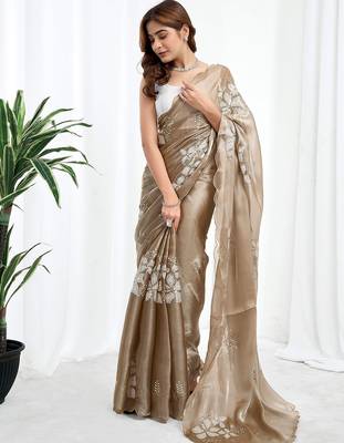 Beige floral embroidered  chiffon designer saree 5