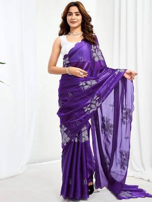 Purple floral sequinned  chiffon designer saree 4