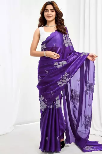 Purple floral sequinned  chiffon designer saree