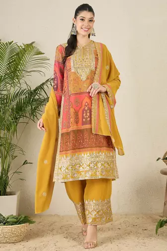 Women's faux georgette fabric zari embroidery kurta set with dupatta