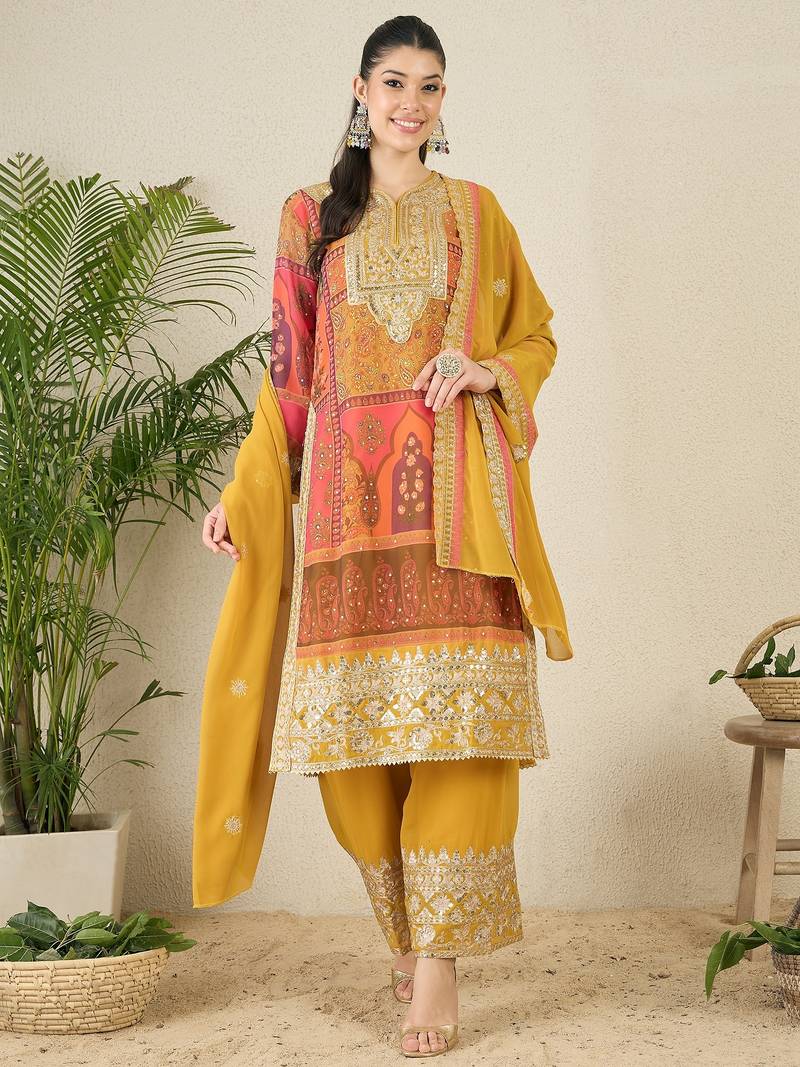 Women's faux georgette fabric zari embroidery kurta set with dupatta