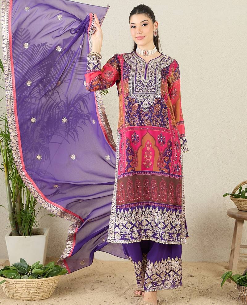 Women's faux georgette fabric zari embroidery kurtaset with dupatta