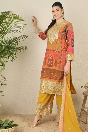 Women's faux georgette fabric zari embroidery kurta set with dupatta