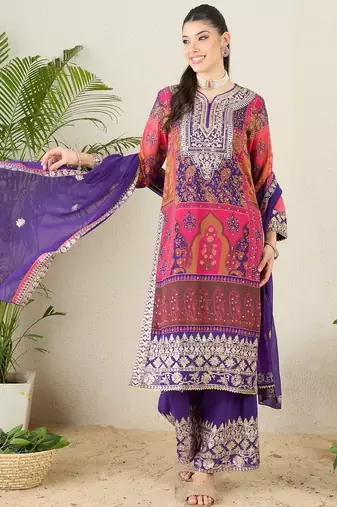 Women's faux georgette fabric zari embroidery kurtaset with dupatta