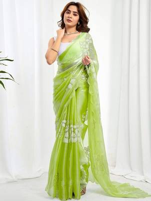 Green women embellished embroidered  chiffon designer saree 3
