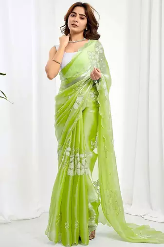 Green women embellished embroidered  chiffon designer saree
