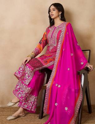 Women's faux georgette fabric zari embroidery kurtaset with dupatta 1
