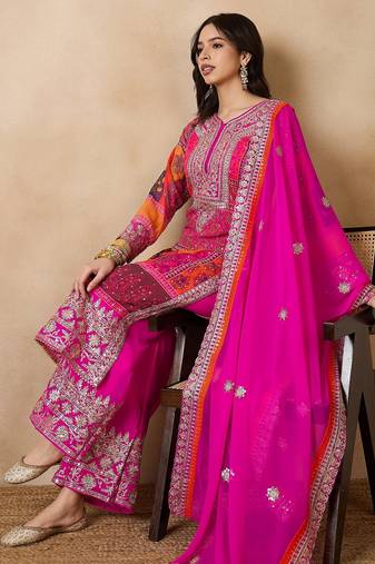 Women's faux georgette fabric zari embroidery kurtaset with dupatta