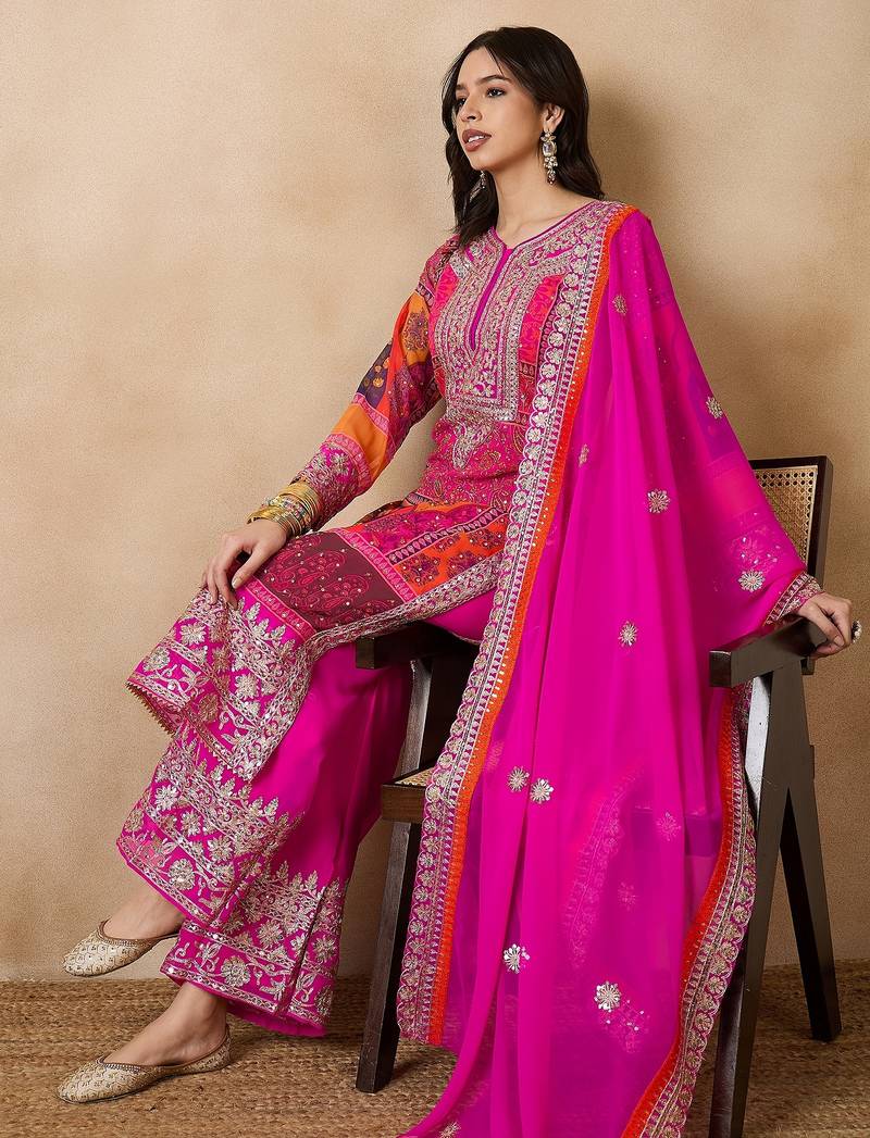Women's faux georgette fabric zari embroidery kurtaset with dupatta