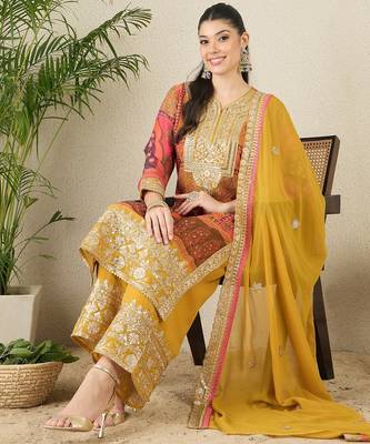 Women's faux georgette fabric zari embroidery kurta set with dupatta 5