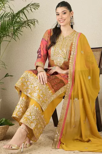 Women's faux georgette fabric zari embroidery kurta set with dupatta