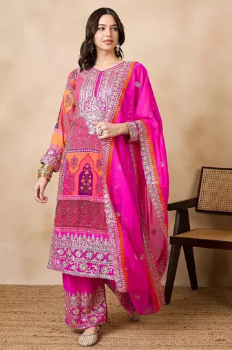 Women's faux georgette fabric zari embroidery kurtaset with dupatta