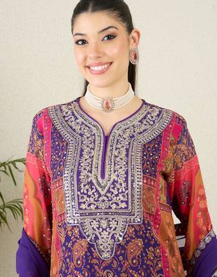 Women's faux georgette fabric zari embroidery kurtaset with dupatta 4