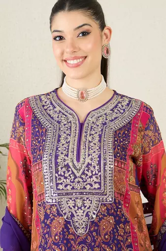 Women's faux georgette fabric zari embroidery kurtaset with dupatta