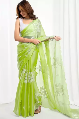 Green women embellished embroidered  chiffon designer saree