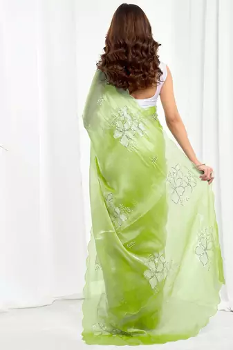 Green women embellished embroidered  chiffon designer saree