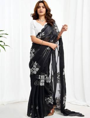 Black floral embroidered  chiffon saree 1