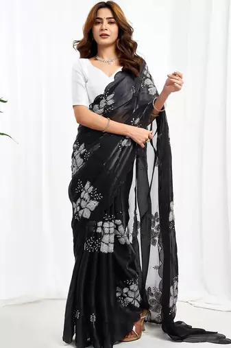 Black floral embroidered  chiffon saree