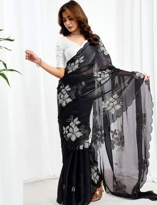 Black floral embroidered  chiffon saree 2
