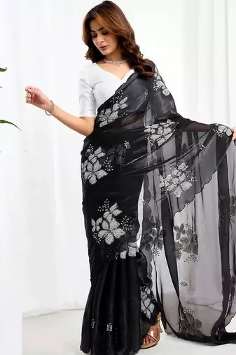Black floral embroidered  chiffon saree