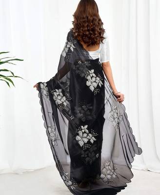 Black floral embroidered  chiffon saree 3