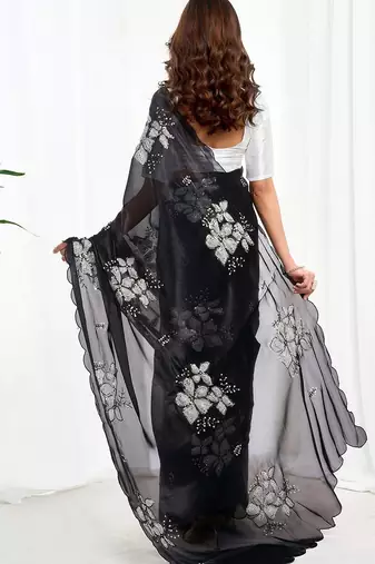 Black floral embroidered  chiffon saree