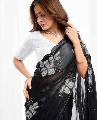 Black floral embroidered  chiffon saree 4
