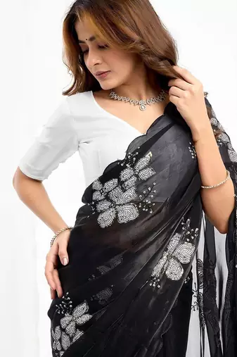 Black floral embroidered  chiffon saree